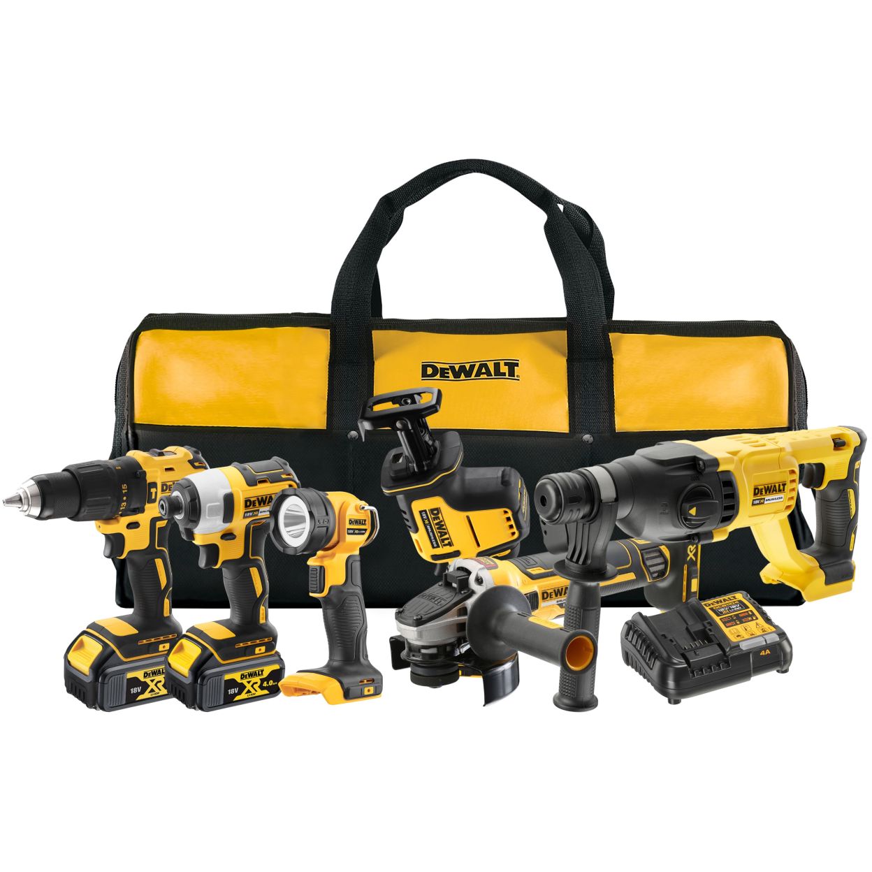 Аккумуляторный набор DEWALT DCK607M2, 18 В: дрель + шуруповерт + УШМ + перфоратор + пила + фонарь, с 2 АКБ 4 Ач и ЗУ, в сумке