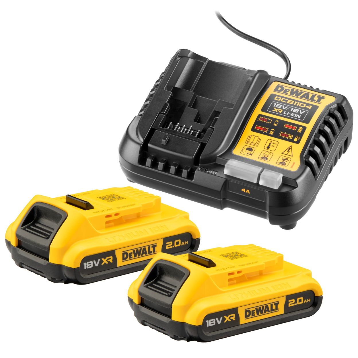 Набор DEWALT DCB1104D2: 2 АКБ DCB183, Li-Ion, 18 В, 2 Ач и зарядное устройство DCB1104, 12/18 В, 4 A (DCB1104D2-QW)