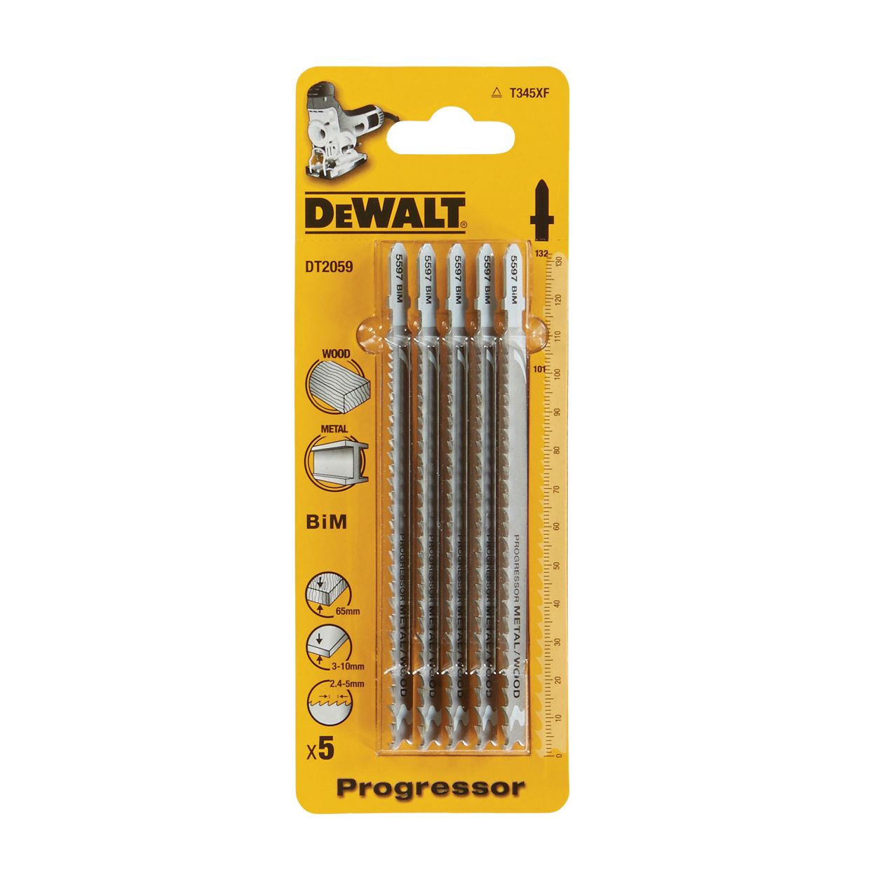 Пилка для лобзика DEWALT EXTREME DT2059, по дереву и металлу, BiM, Progressor. 132 x 101 x 2.4 - 5 мм, T345 XF, 5 шт.