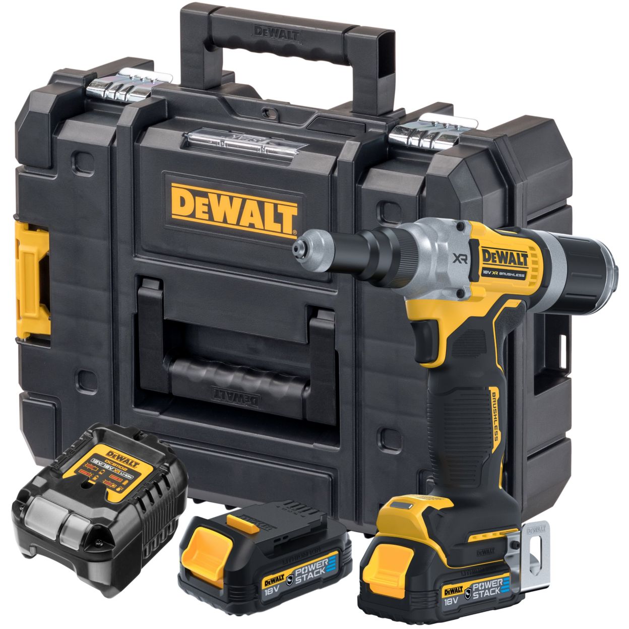 Аккумуляторный заклепочный пистолет DEWALT DCF414NT, 18 В, с 2 АКБ 1.7 Ач и ЗУ, в кейсе TSTAK (DCF414E2GT-QW)