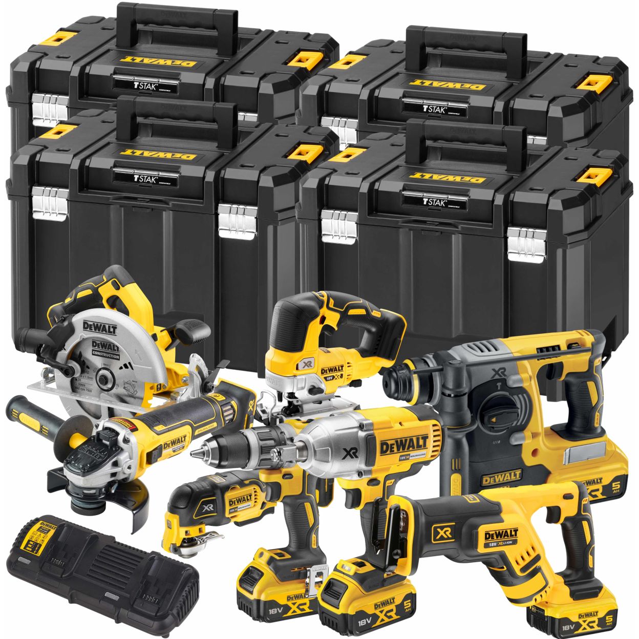 Аккумуляторный набор DEWALT DCK865P4T, 18 В: 8 инструментов, с 4 АКБ 5 Ач и двойным ЗУ, в 4 кейсах TSTAK (DCK865P4T-QW)