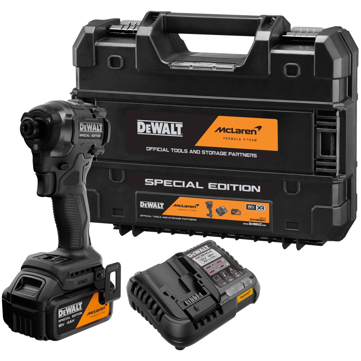Аккумуляторный шуруповерт DEWALT McLaren Limited Edition DCF86MM1T, 18 В, 205 Нм, 3800 уд/мин, с АКБ 4 Ач и ЗУ, в кейсе TSTAK