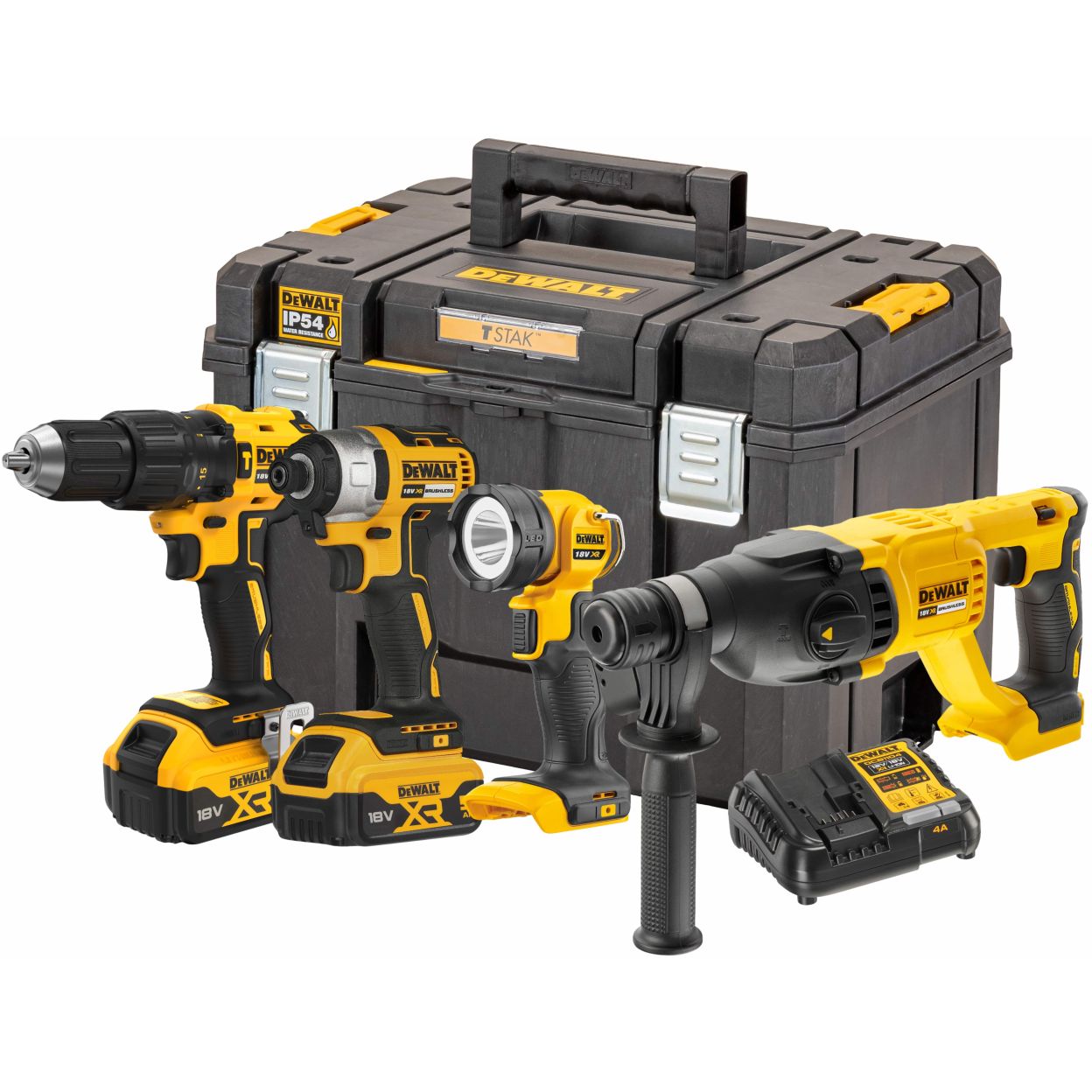 Аккумуляторный набор DEWALT DCK440P2T, 18 В: дрель + шуруповерт + перфоратор + фонарь, с 2 АКБ 5 Ач и ЗУ, в кейсе TSTAK