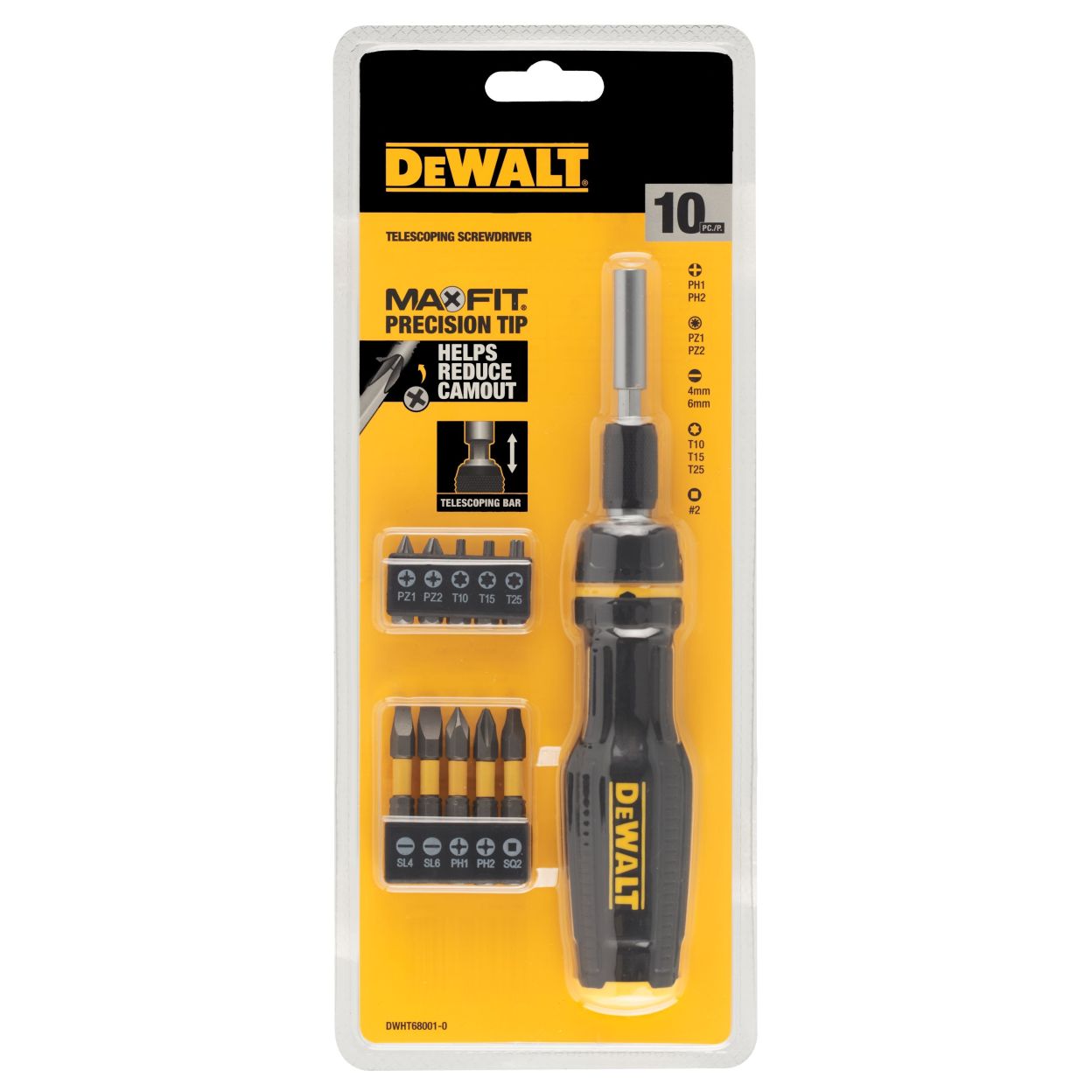 Отвертка DEWALT, телескопическая, со сменными битами, 10 бит, DWHT68001-0