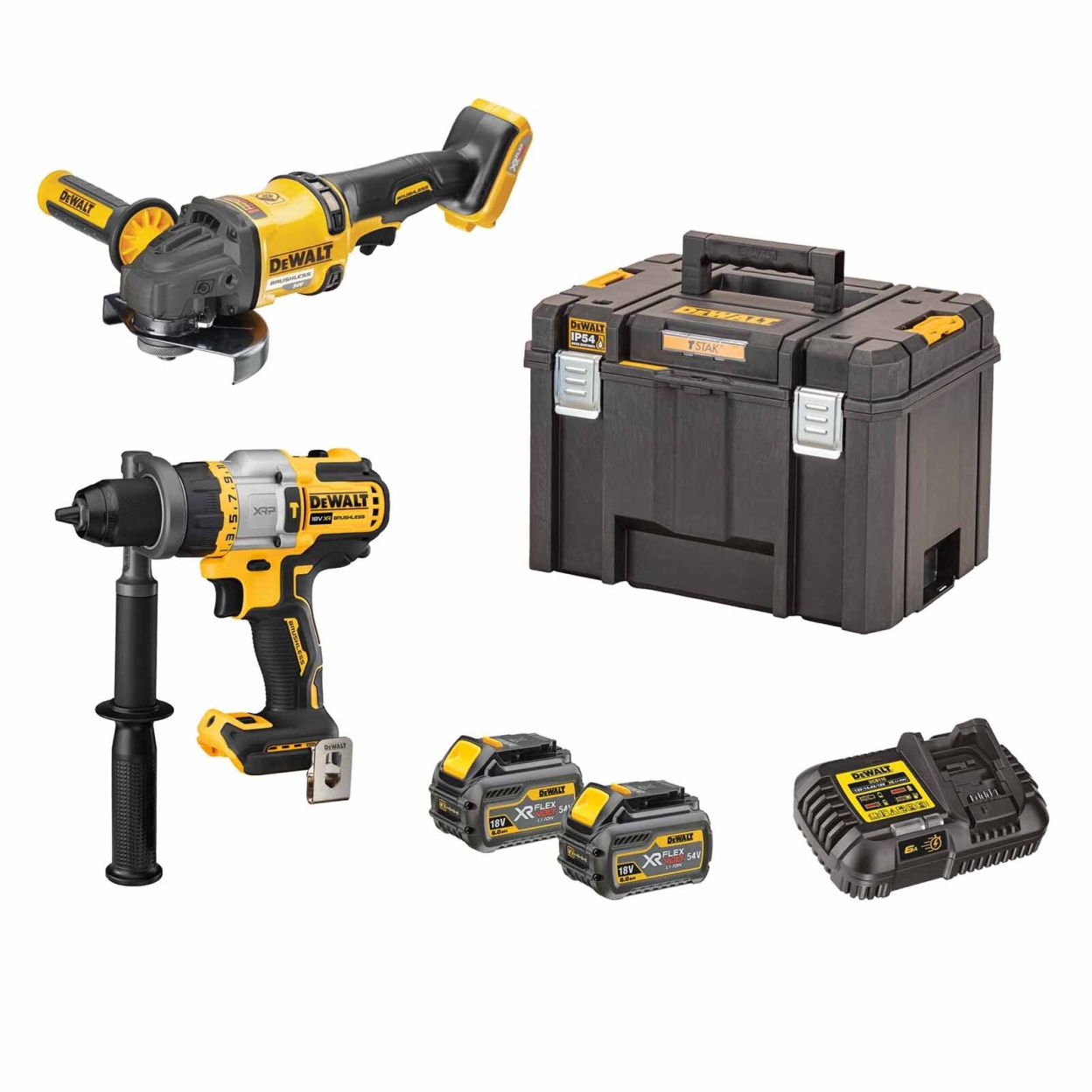 Набор DEWALT: аккумуляторная дрель-шуруповерт DCD999, 18 В и угловая шлифмашина DCG418, 54 В, c 2 АКБ 6 Ач и ЗУ, в кейсе TSTAK, DCK2016T2T