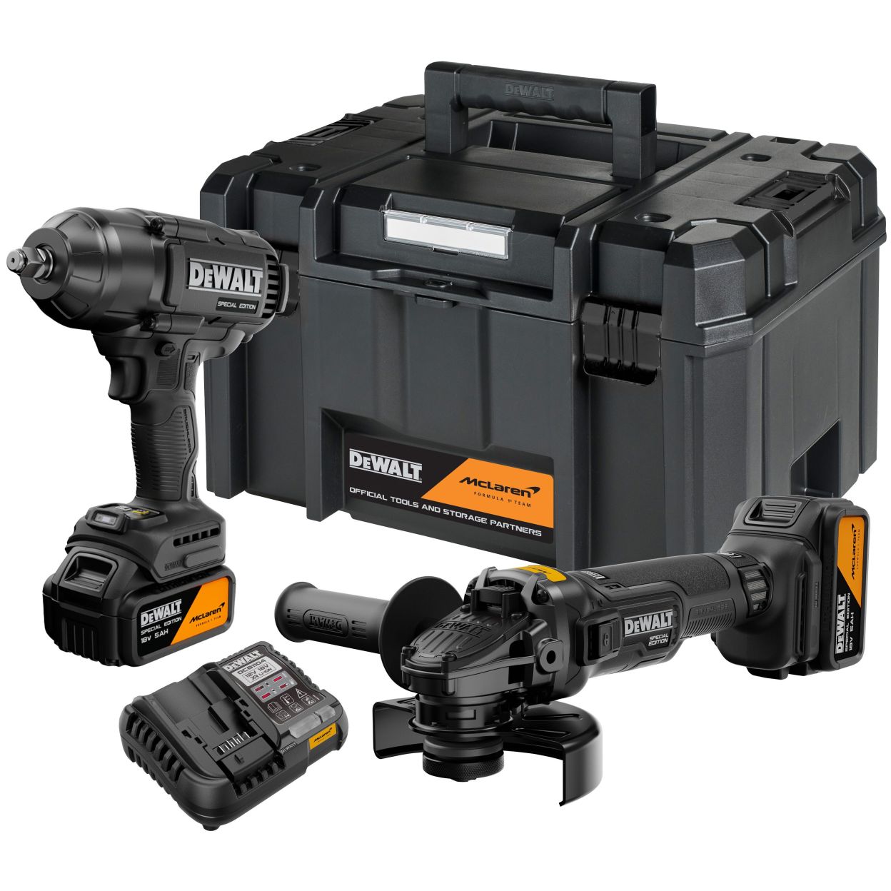 Аккумуляторный набор DEWALT McLaren Limited Edition DCK2225MP2T, 18 В: УШМ + гайковерт, с 2 АКБ 5 Ач и ЗУ, в кейсе TSTAK