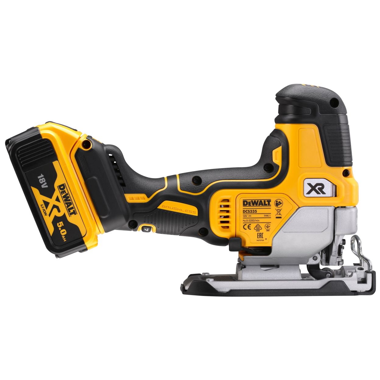 Аккумуляторный лобзик DEWALT DCS335P2, 18 В, 3200 ход/мин, 26 мм, с 2 АКБ 5 Ач и ЗУ, в кейсе TSTAK (DCS335P2-QW)