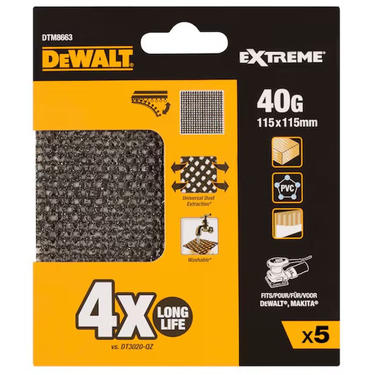 Сетчатый шлифлист DEWALT DTM8663, 115х115 мм, 40G, 5 шт. (DTM8663-QZ)