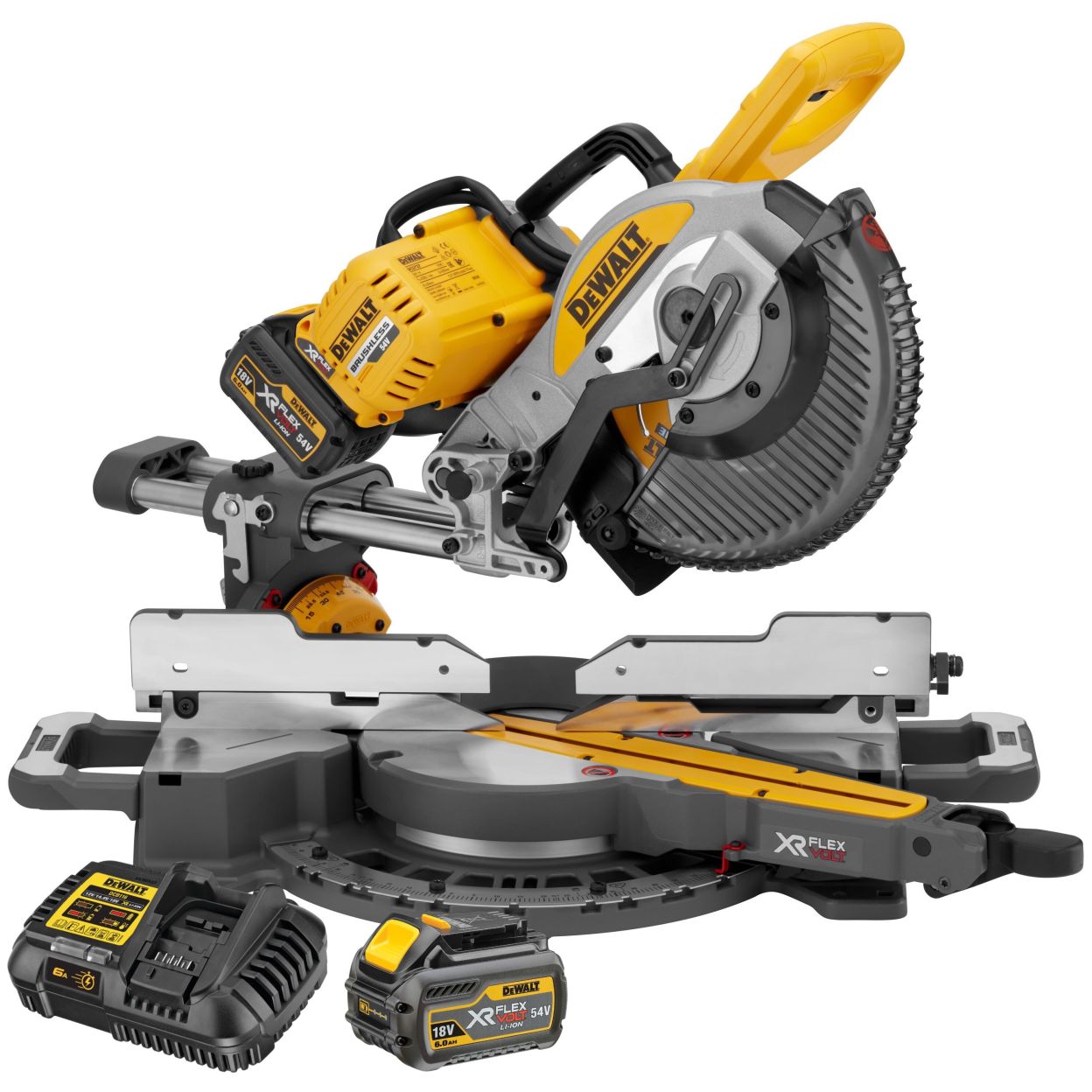 Аккумуляторная торцовочная пила DEWALT DCS727T2, 54 В, 250 мм, 4300 об/мин, с 2 АКБ 2 Ач и ЗУ (DCS727T2-QW)