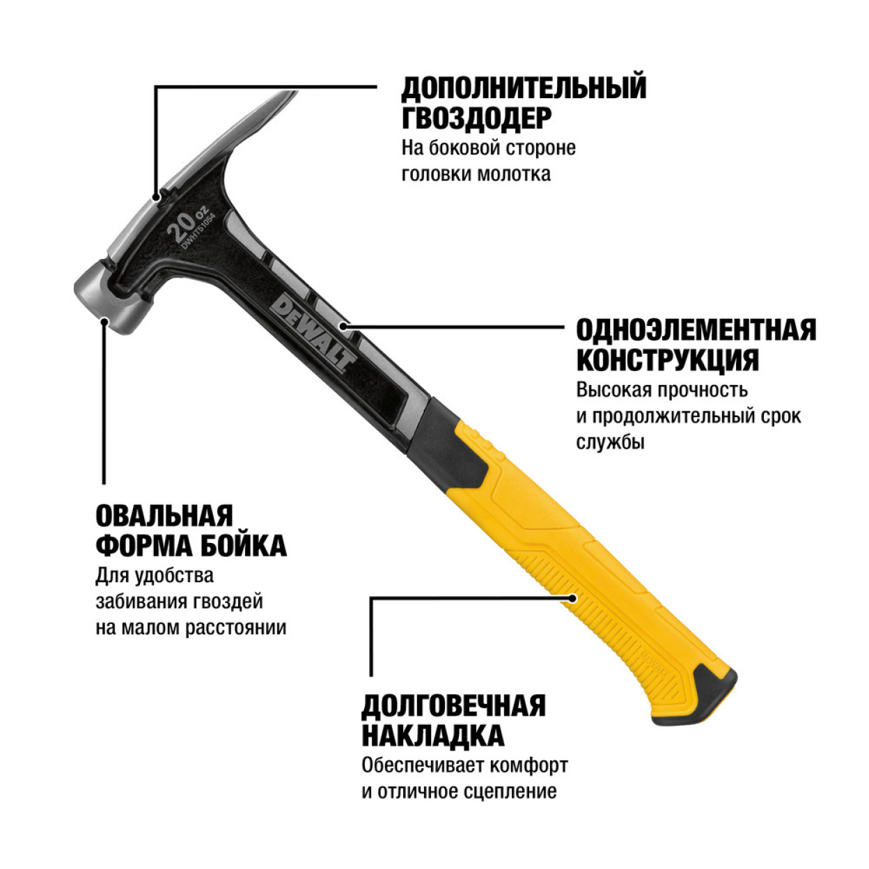 Молоток с прямым заострённым гвоздодёром DEWALT, 567 г (DWHT0-51054)