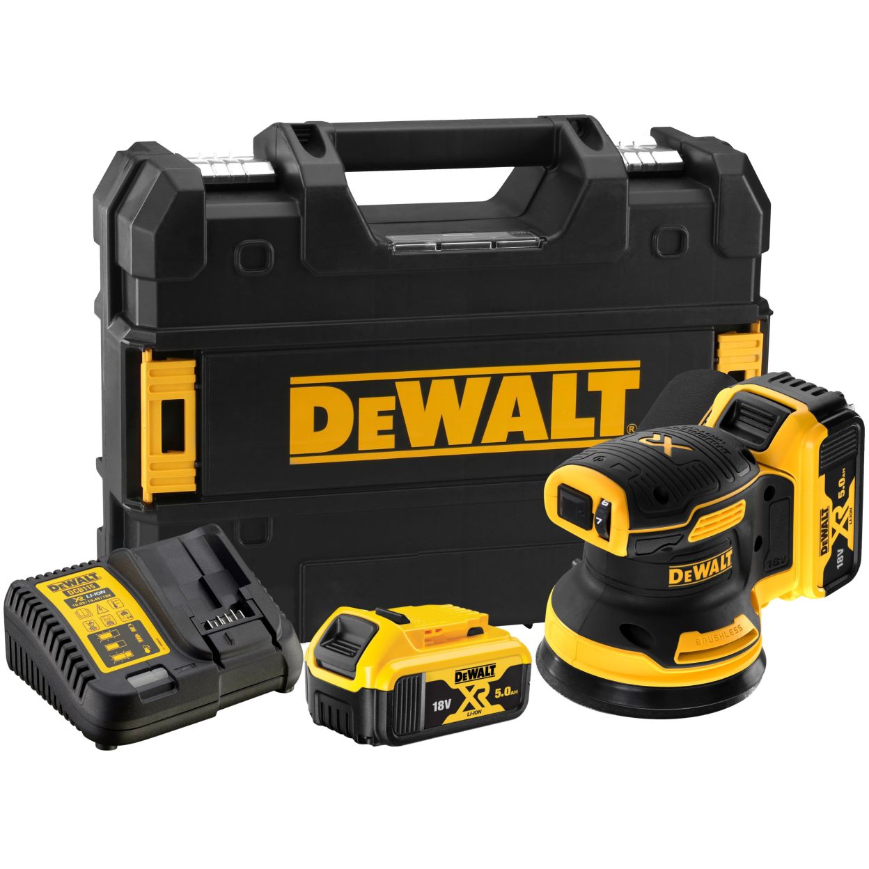 Аккумуляторная эксцентриковая шлифмашина DEWALT DCW210P2, 18 В, 125 мм, 12000 кол/мин, с 2 АКБ 5 Ач и ЗУ, в кейсе TSTAK
