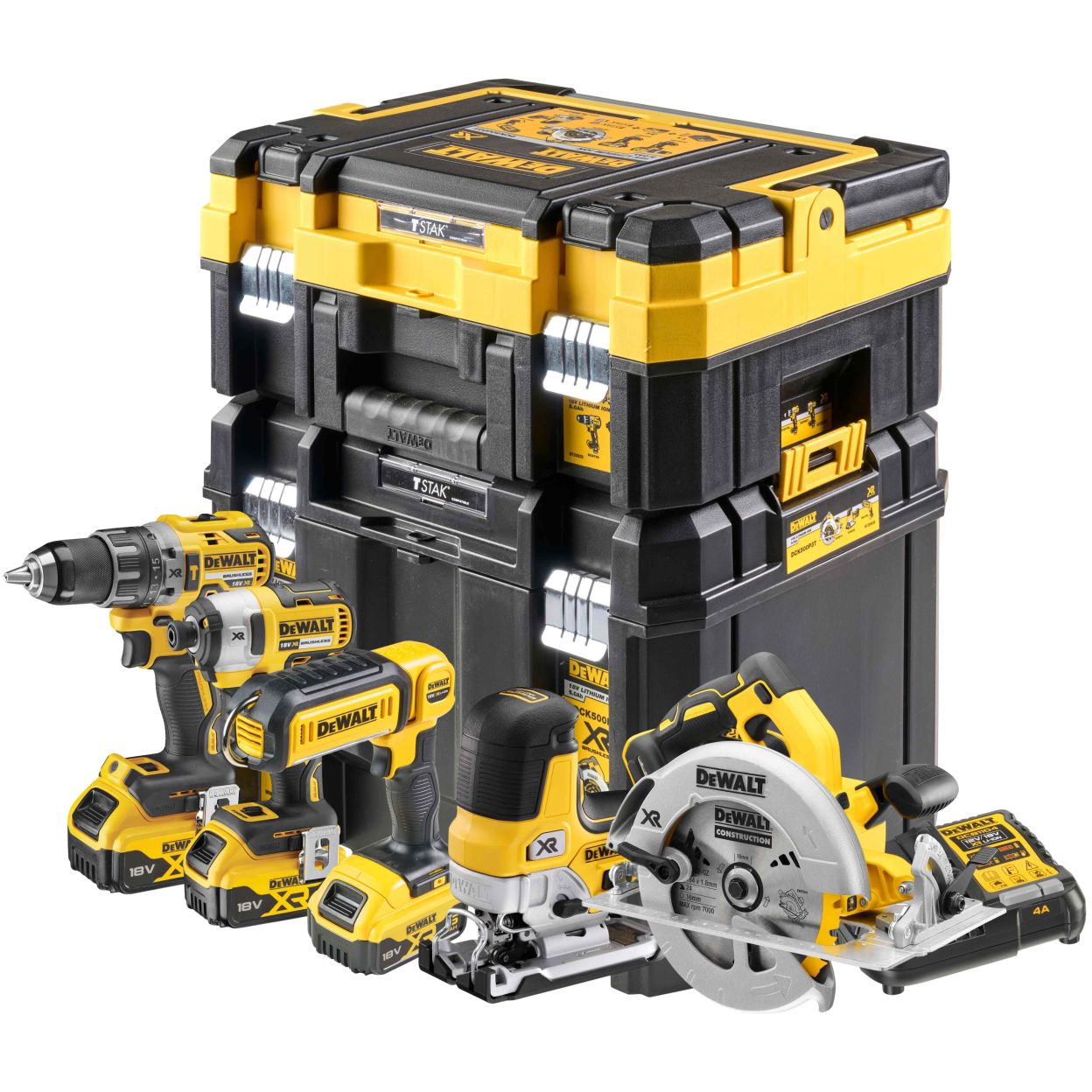 Аккумуляторный набор DEWALT DCK500P3T, 18 В: дрель + шуруповерт + пила + лобзик + фонарь, с 3 АКБ 5 Ач и ЗУ, в 2 кейсах TSTAK