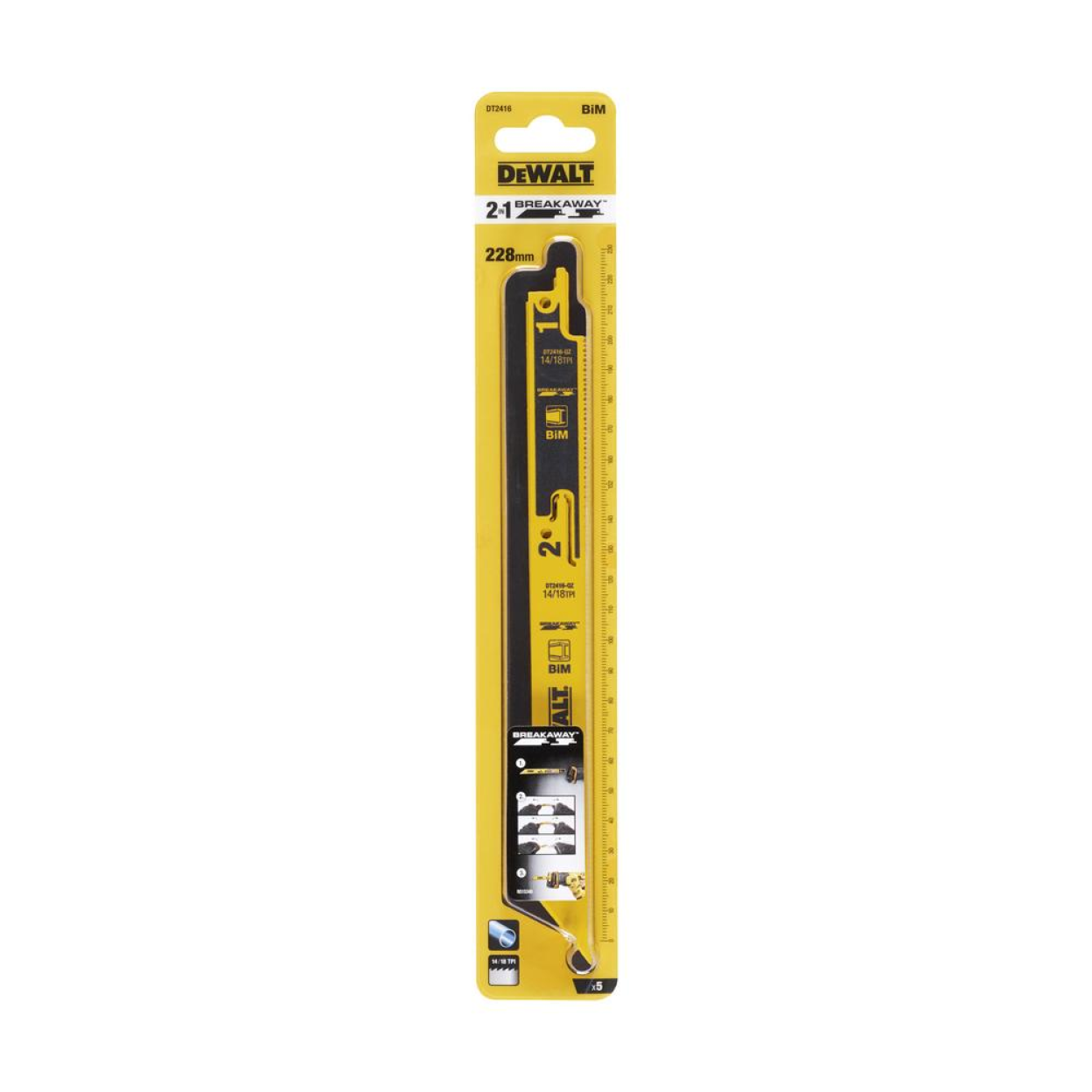 Полотна для сабельных пил Bi-Metal DT2416 DEWALT, 228 мм, TPI 14/18, 5 шт