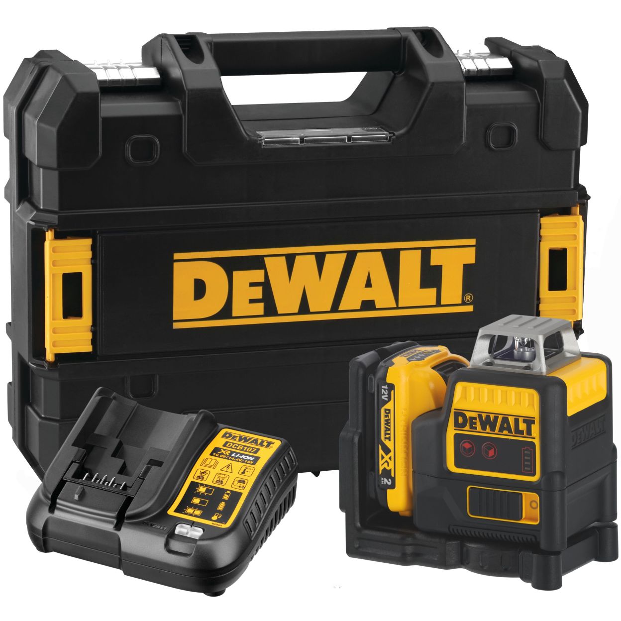 Аккумуляторный лазерный нивелир DEWALT DCE0811D1R, 12 В, красный луч, 20 м, с АКБ 2 Ач и ЗУ, в кейсе TSTAK (DCE0811D1R-QW)
