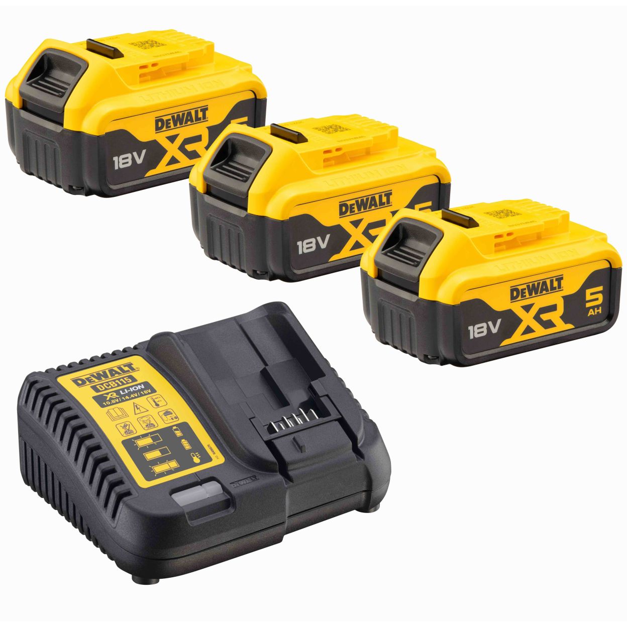 Набор DEWALT DCB115P3: 3 АКБ DCB184, Li-Ion, 18 В, 5 Ач и зарядное устройство DCB115, 12/14.4/18 В, 4 A (DCB115P3-QW)
