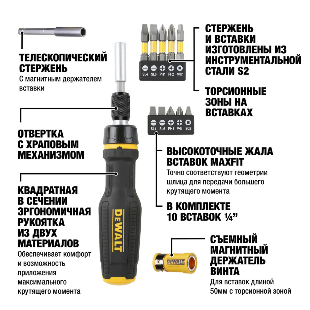 Отвертка с 10 вставками DEWALT DWHT0-66567
