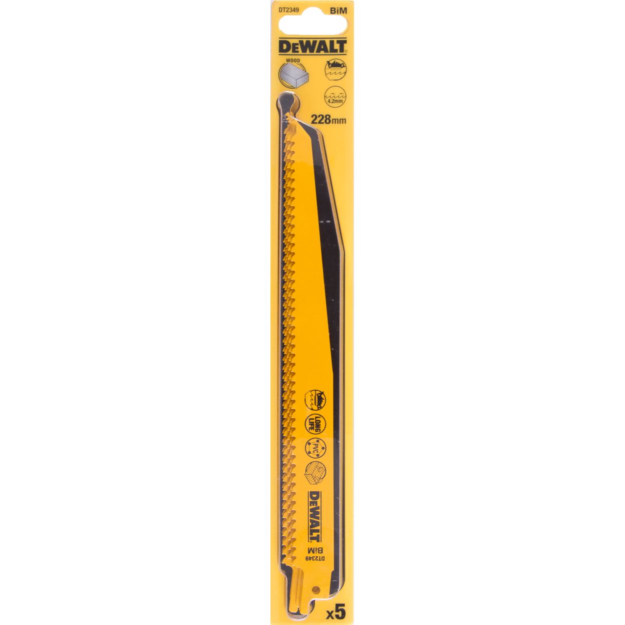 Полотно DEWALT DT2349, по дереву для сабельных пил биметаллическое, BiM, 228 x 4.2 мм, S1111DF, 5 шт.