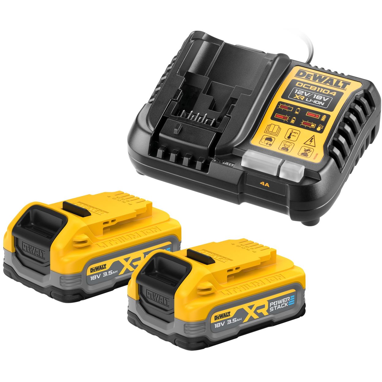 Набор DEWALT DCB1104S2: 2 АКБ POWERSTACK DCBP318, Li-Ion, 18 В, 3.5 Ач и зарядное устройство DCB1104, 12/18 В, 4 A