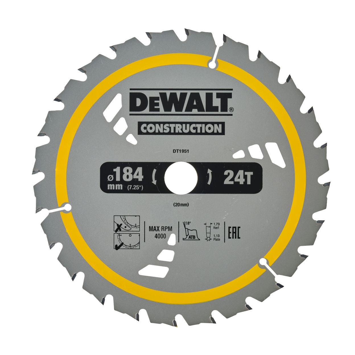 Пильный диск DEWALT CONSTRUCTION DT1951, 184/20 мм.