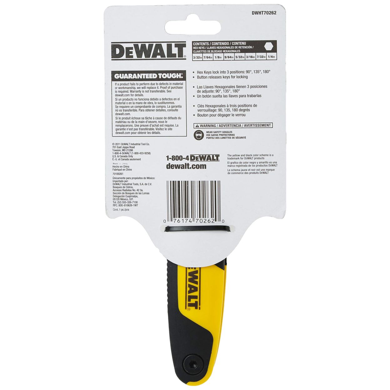 Набор дюймовых шестигранных ключей DEWALT DWHT70262M, 3/32"-1/4", 8 шт.