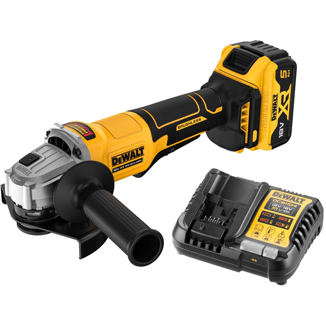 Аккумуляторная угловая шлифмашина DEWALT DCG408P1, 18 В, 125 мм, 9000 об/мин, с АКБ 5 Ач и ЗУ (DCG408P1N-XJ)