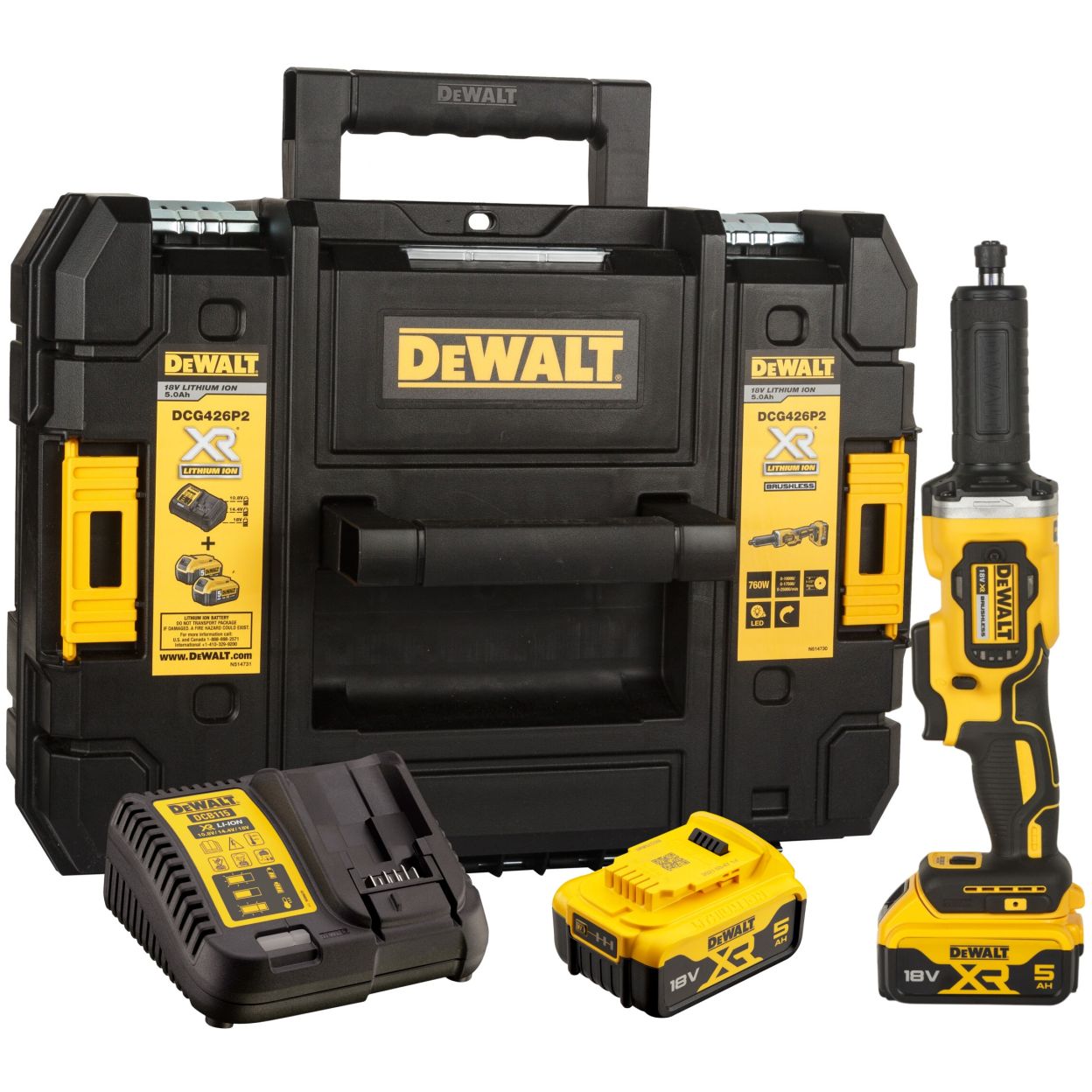 Аккумуляторная прямошлифовальная машина DEWALT DCG426P2, 18 В, 38 мм, 25000 об/мин, с 2 АКБ 5 Ач и ЗУ, в кейсе TSTAK (DCG426P2-QW)