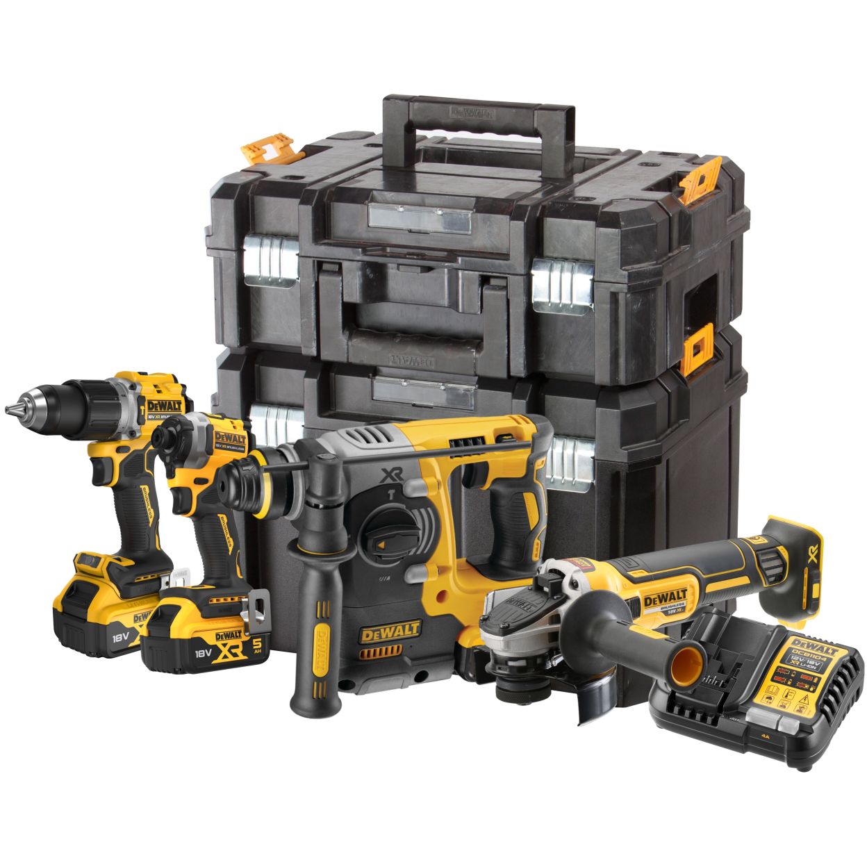 Аккумуляторный набор DEWALT DCK429P3T, 18 В: дрель + шуруповерт + перфоратор + УШМ, с 3 АКБ 5 Ач и ЗУ, в 2 кейсах TSTAK