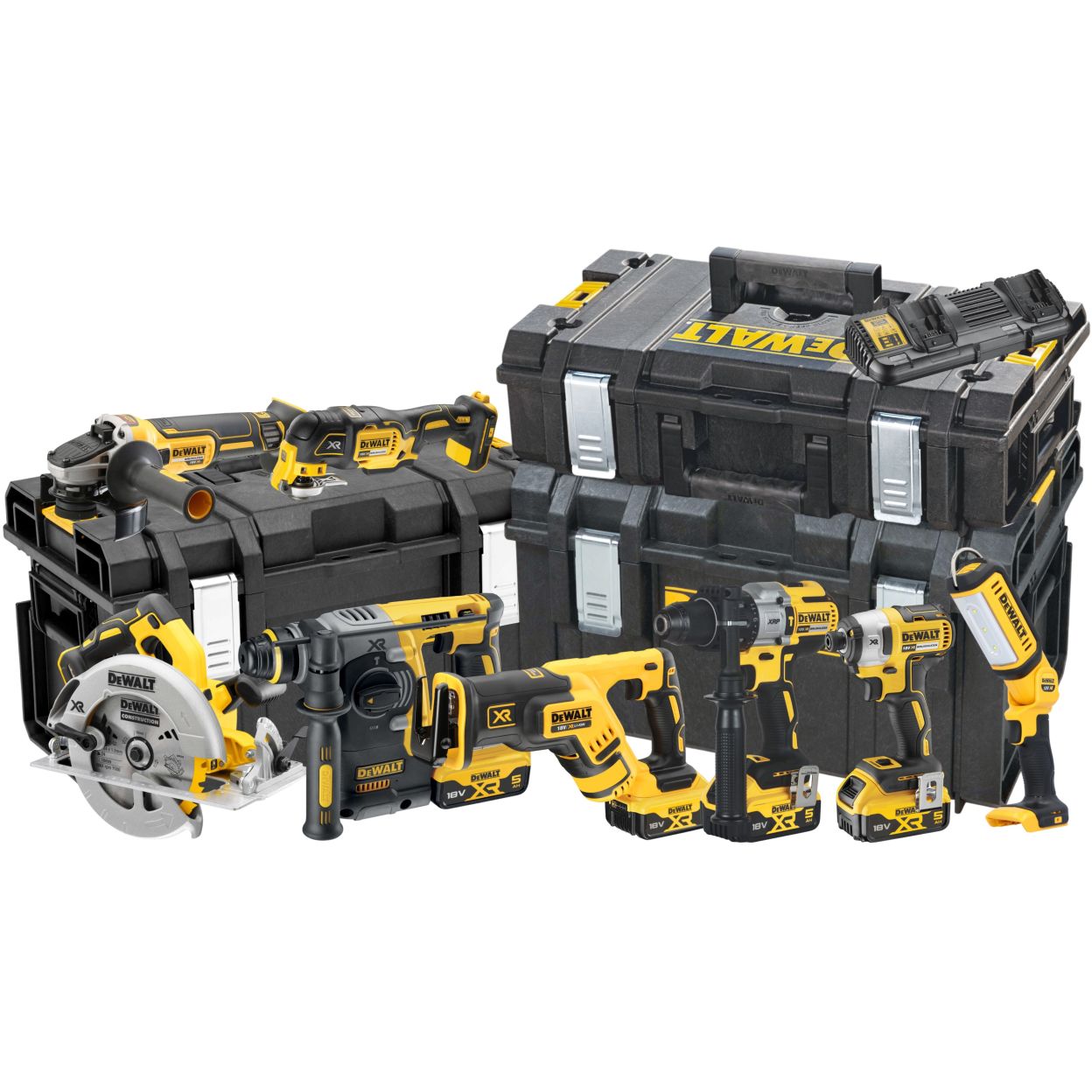 Аккумуляторный набор DEWALT DCK853P4, 18 В: 8 инструментов, с 4 АКБ 5 Ач и двойным ЗУ, в 3 кейсах TOUGHSYSTEM (DCK853P4-QW)