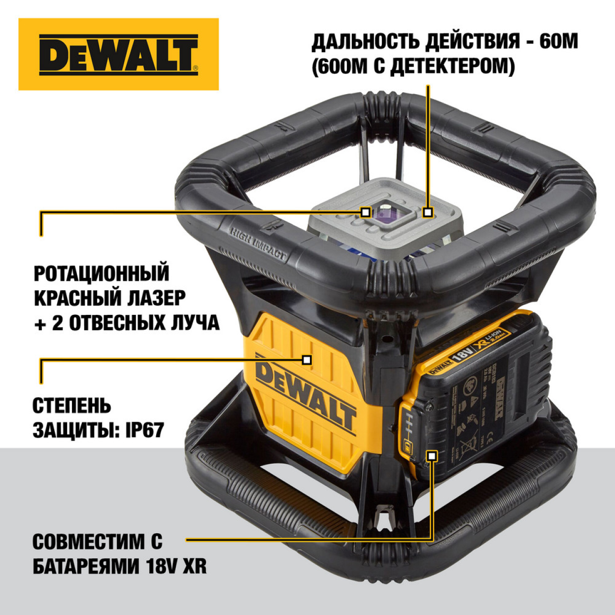 Самовыравнивающийся ротационный КРАСНЫЙ лазерный уровень DEWALT DCE079D1R
