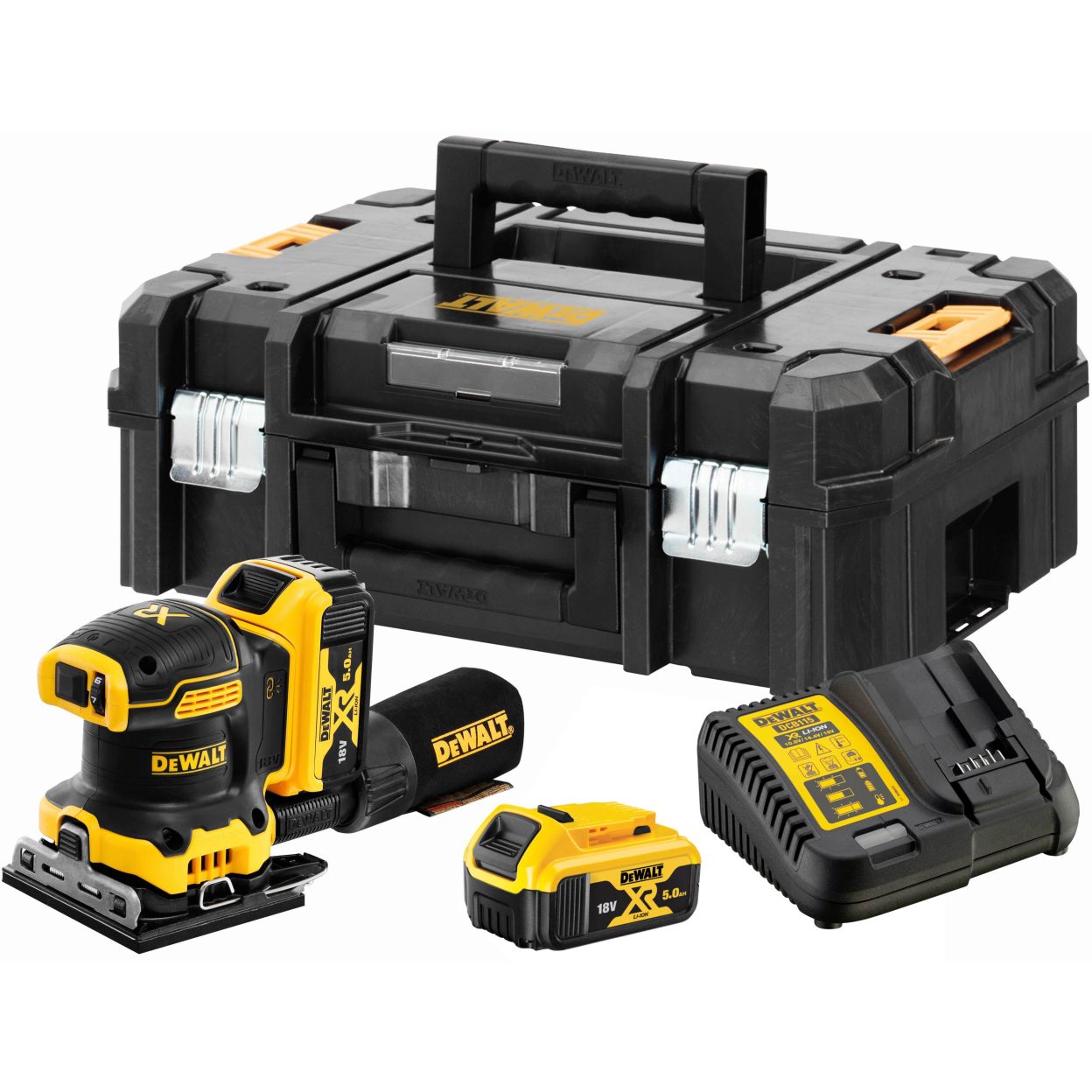 Аккумуляторная плоскошлифовальная машина DEWALT DCW200P2, 18 В, 13500 кол/мин, с 2 АКБ 5 Ач и ЗУ, в кейсе TSTAK (DCW200P2-QW)