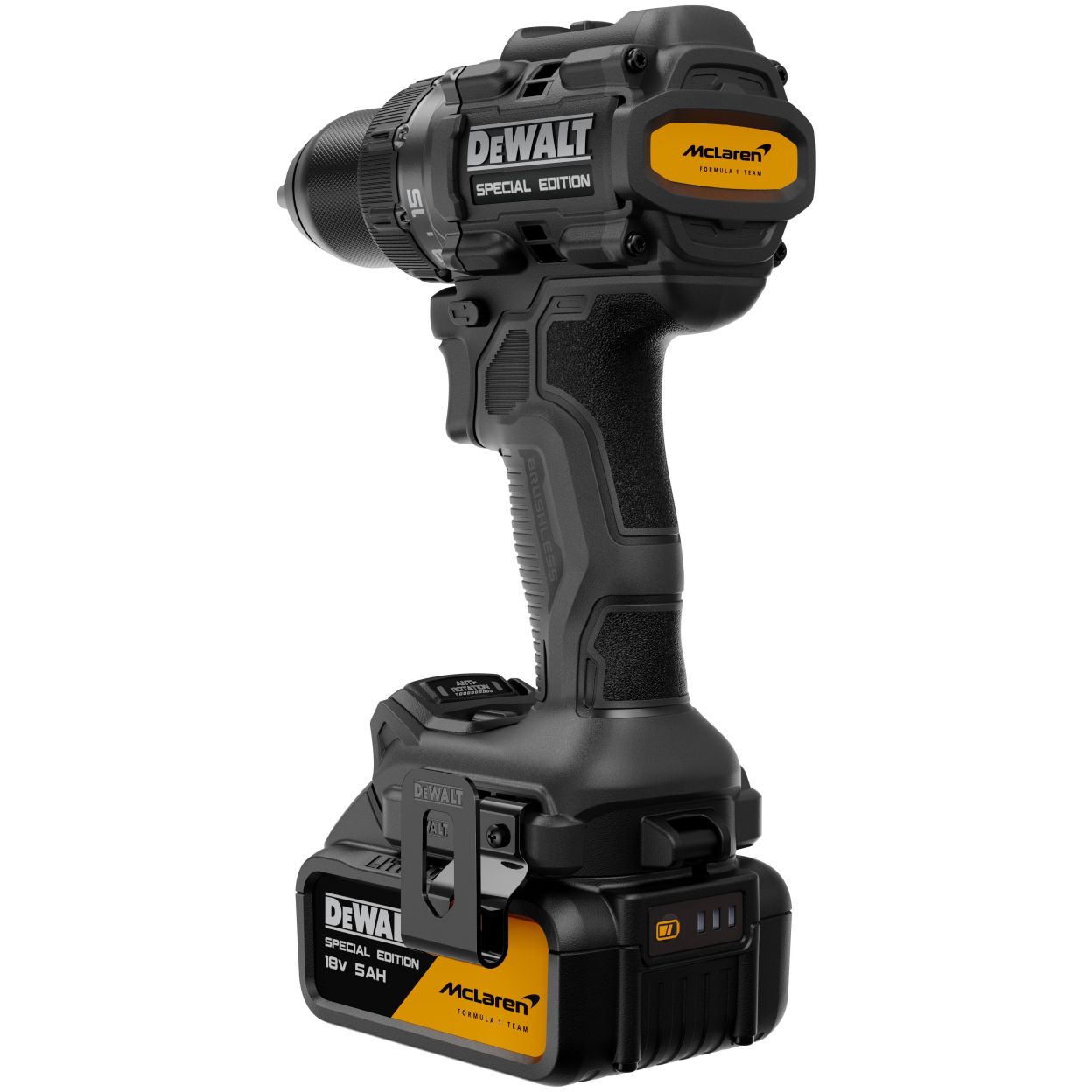 Аккумуляторная дрель-шуруповерт DEWALT McLaren Limited Edition DCD81MP2T, 18 В, 2000 об/мин, с 2 АКБ 5 Ач и ЗУ, в кейсе TSTAK