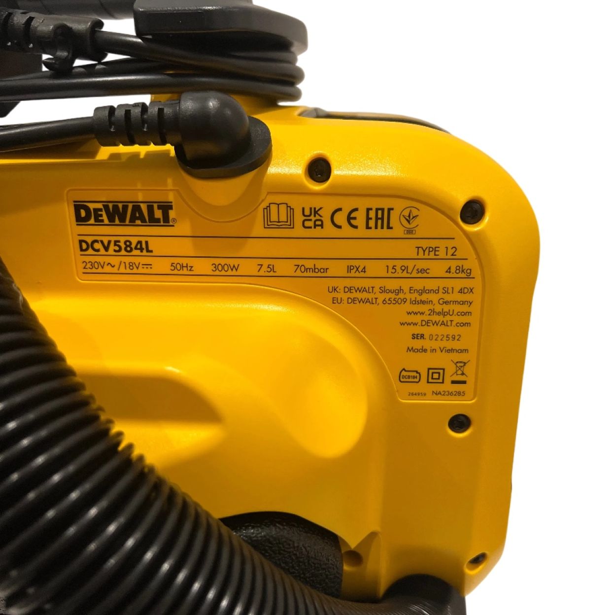 Аккумуляторный строительный пылесос DEWALT DCV584L, с возможностью работы от сети, 14.4/18 В, 7.5 л, без АКБ и ЗУ (DCV584L-QW)