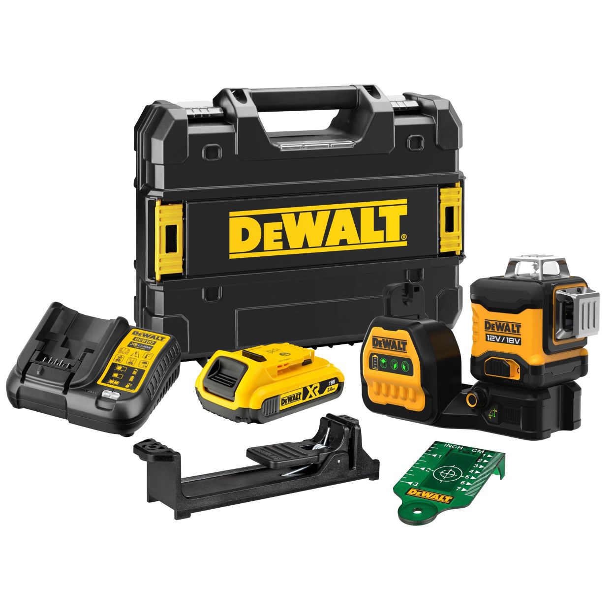 Аккумуляторный лазерный нивелир DEWALT DCE089D1G18, 12/18 В, зеленый луч, 30 м, с АКБ 2 Ач и ЗУ, в кейсе TSTAK (DCE089D1G18-QW)