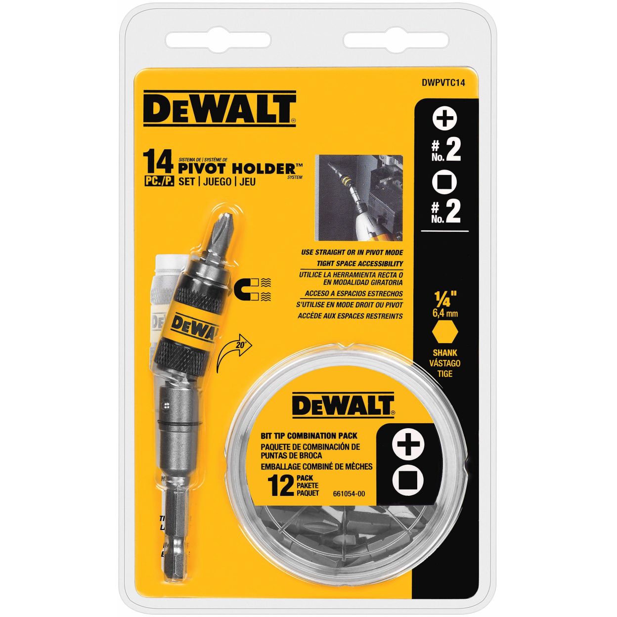 Набор бит DEWALT DWPVTC14, с магнитным держателем, PH2/SQ2, 25 мм, 14 шт. (DWPVTC14-XJ)