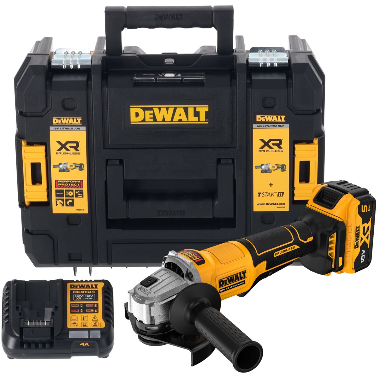 Аккумуляторная угловая шлифмашина DEWALT DCG408P1T, 18 В, 125 мм, 9000 об/мин, с АКБ 5 Ач и ЗУ, в кейсе TSTAK (DCG408P1NT-XJ)