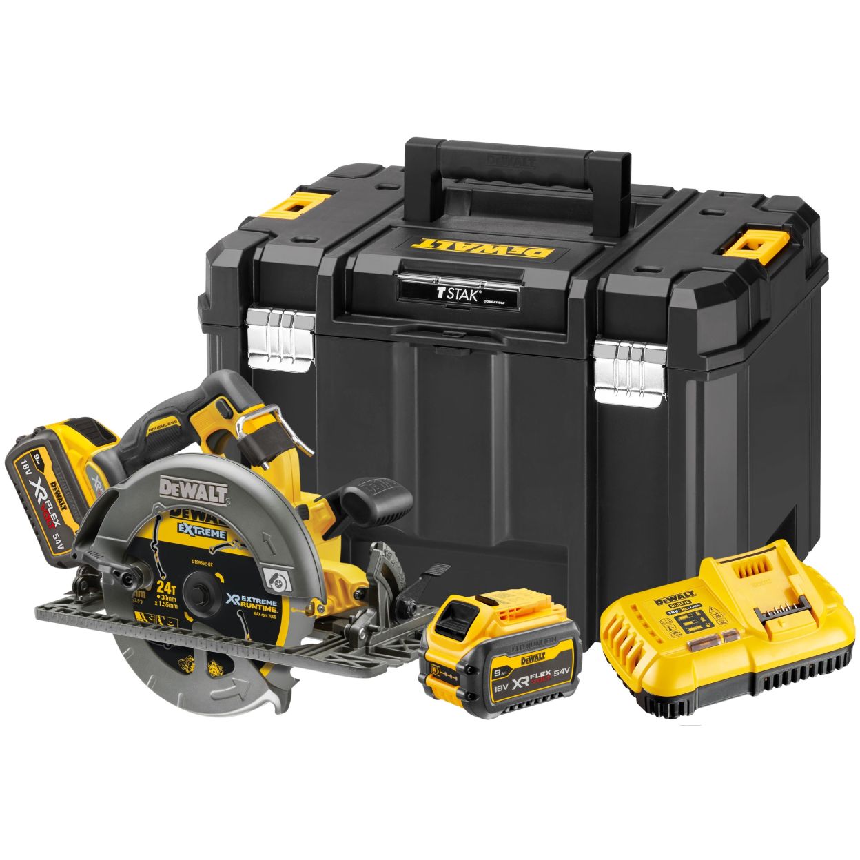 Аккумуляторная дисковая пила DEWALT DCS579X2, 54 В, 190 мм, 5800 об/мин, с 2 АКБ 3 Ач и ЗУ, в кейсе TSTAK (DCS579X2-QW)