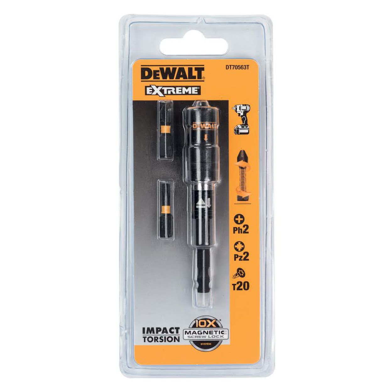 Набор бит DEWALT EXTREME IMPACT TORSION DT70563T, 25 мм, с магнитным держателем насадок, 4 предмета
