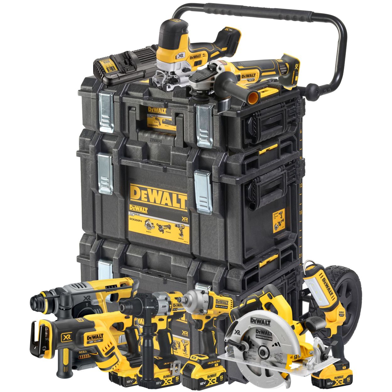 Аккумуляторный набор DEWALT DCK856P4, 18 В: 8 инструментов, с 4 АКБ 5 Ач и двойным ЗУ, в 3 кейсах TOUGHSYSTEM, на тележке