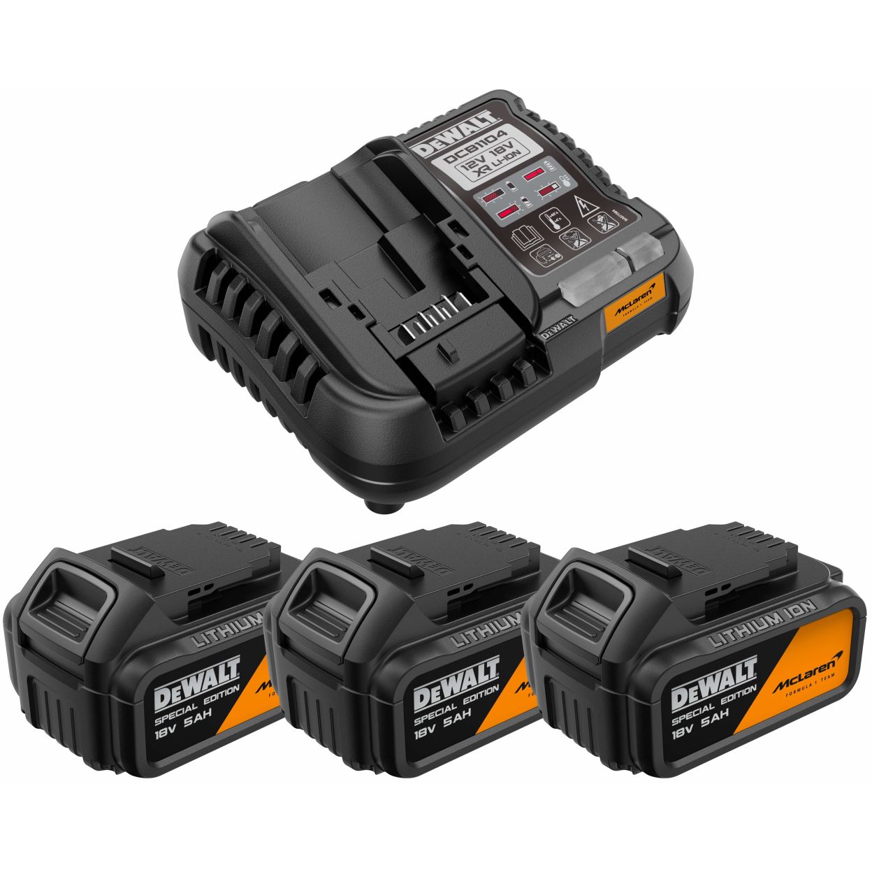 Аккумуляторный набор DEWALT McLaren Limited Edition DCK5222MP3T, 18 В: 5 инструментов, с 3 АКБ 5 Ач и ЗУ, в 2 кейсах TSTAK
