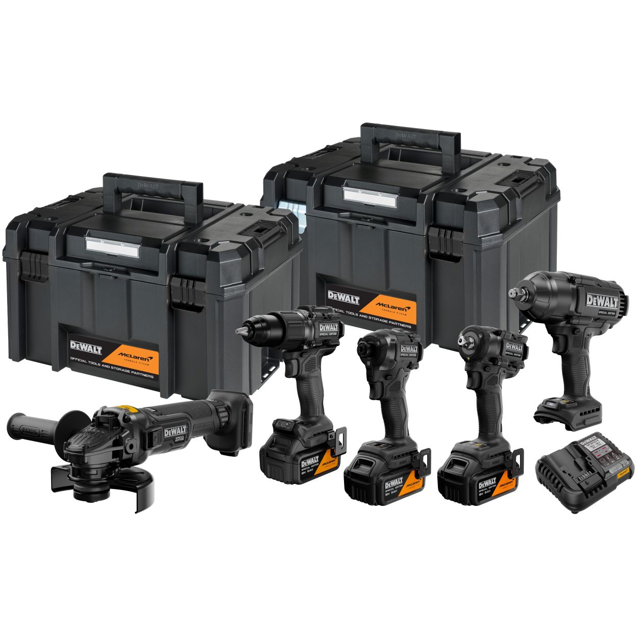 Аккумуляторный набор DEWALT McLaren Limited Edition DCK5222MP3T, 18 В: 5 инструментов, с 3 АКБ 5 Ач и ЗУ, в 2 кейсах TSTAK