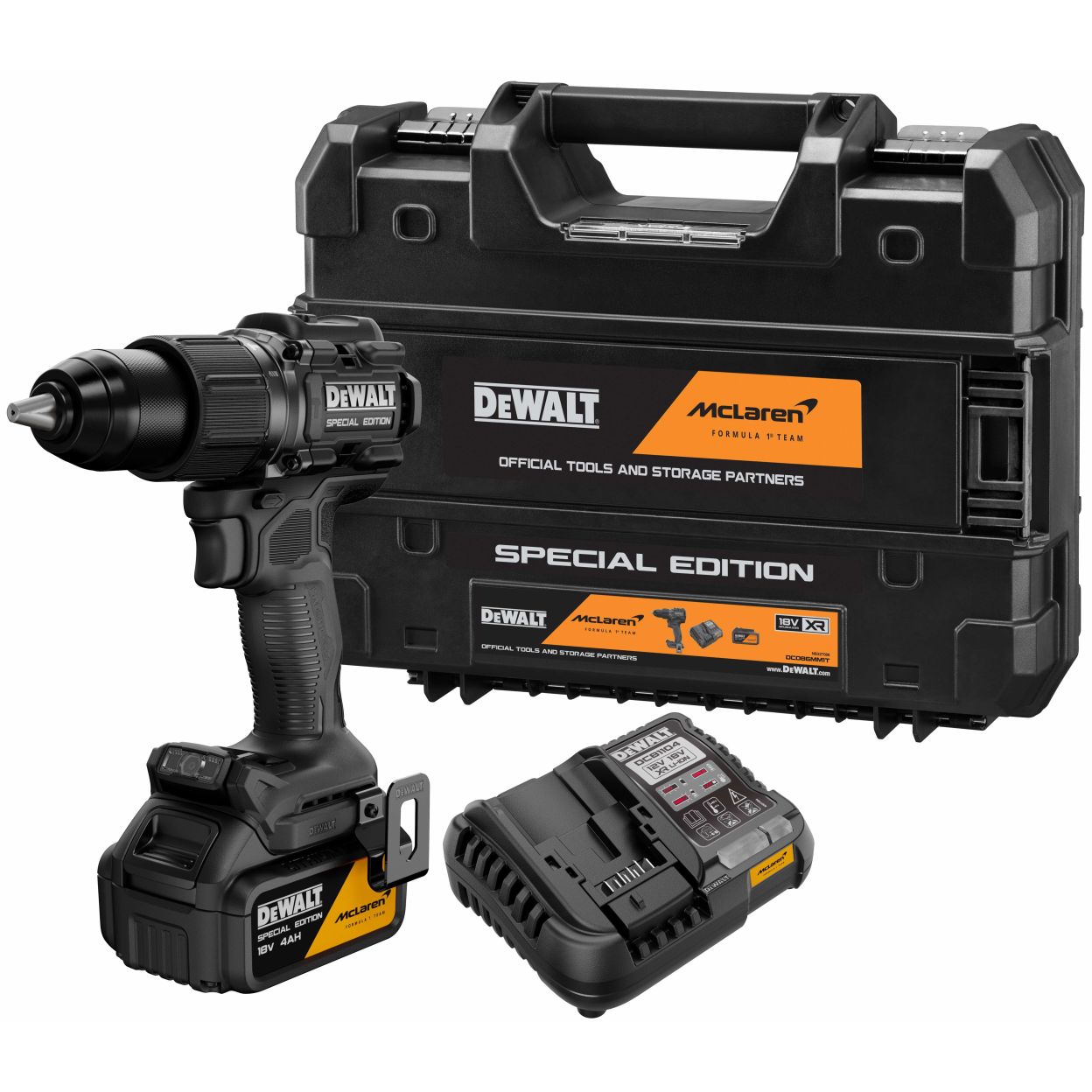 Ударная дрель-шуруповерт DEWALT McLaren Limited Edition DCD86MM1T, 18 В, 2000 об/мин, с АКБ 4 Ач и ЗУ, в кейсе TSTAK