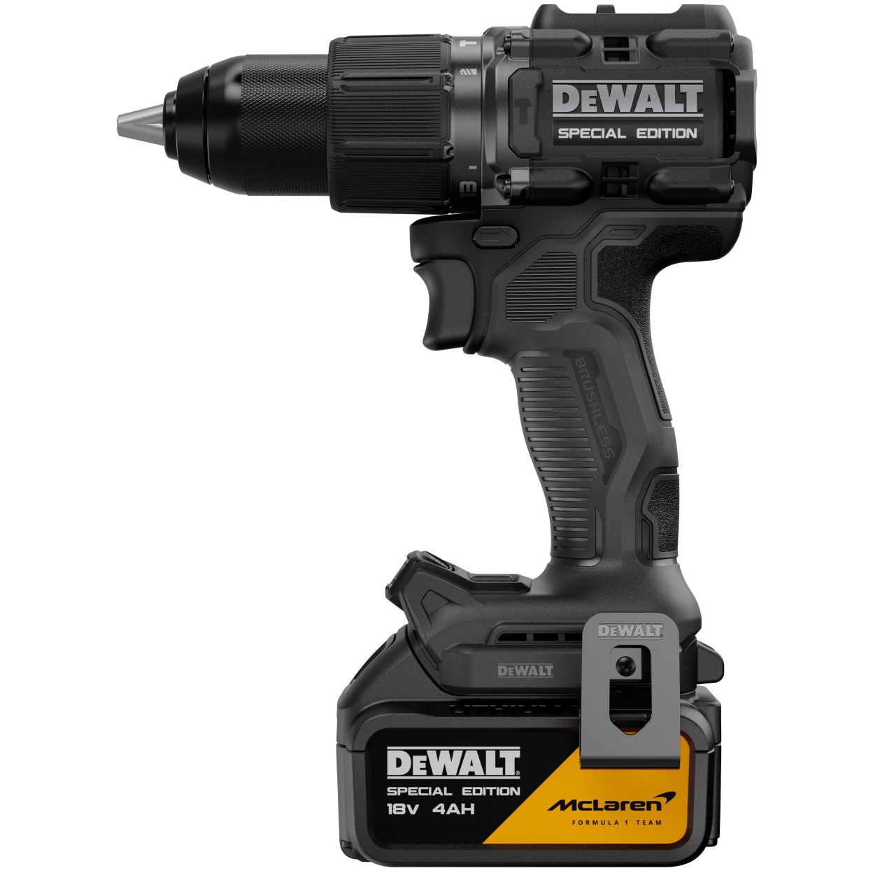 Ударная дрель-шуруповерт DEWALT McLaren Limited Edition DCD86MM1T, 18 В, 2000 об/мин, с АКБ 4 Ач и ЗУ, в кейсе TSTAK