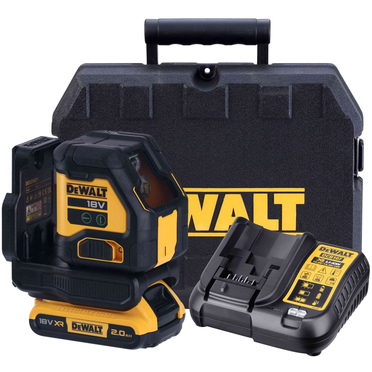 Аккумуляторный лазерный нивелир DEWALT DCLE34021D1, 18 В, зеленый луч, 55 м, с АКБ 2 Ач и ЗУ, в кейсе (DCLE34021D1-QW)