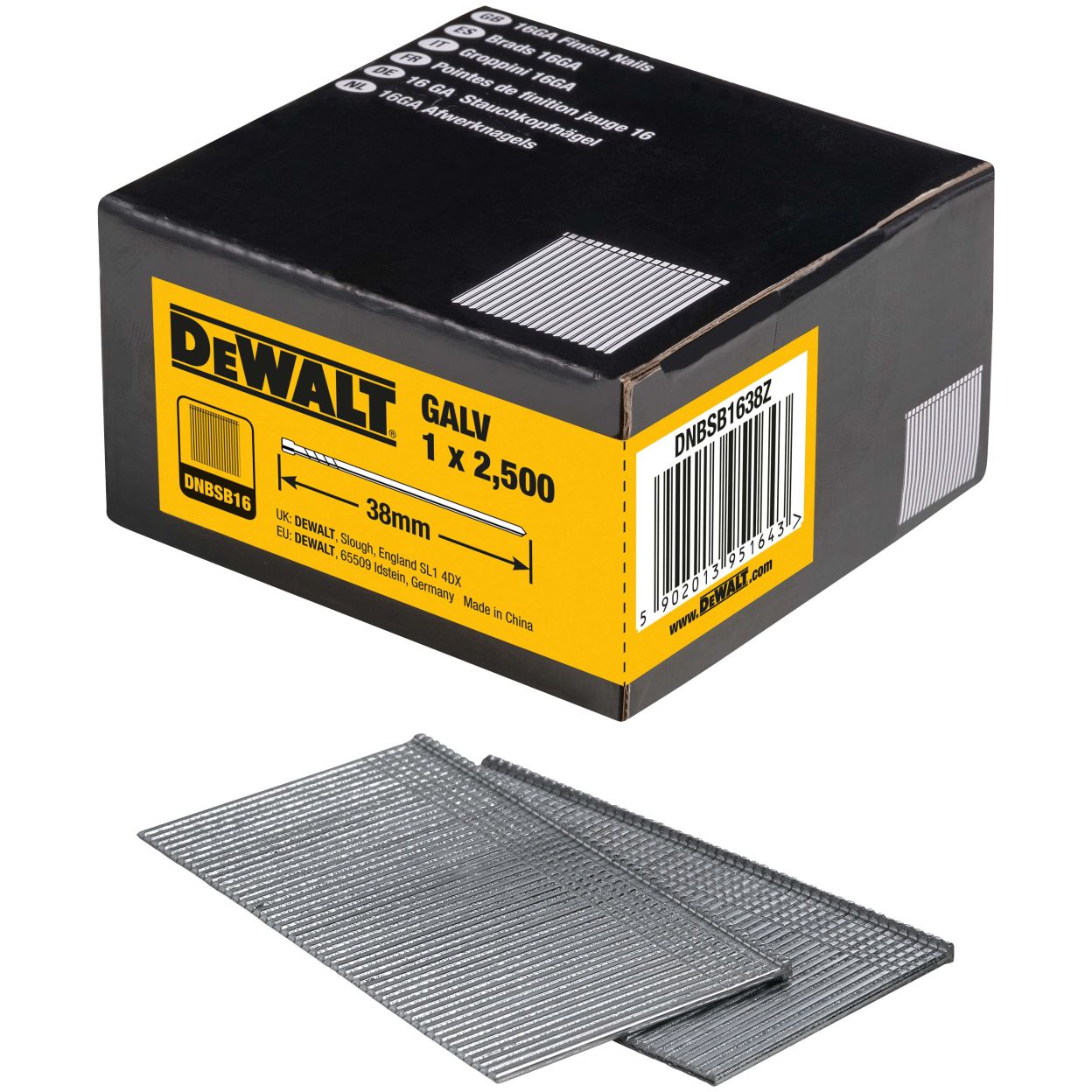 Гвозди DEWALT DNBSB1638Z, для нейлера, оцинкованные, 16GA, 38x1.6 мм, 7500 шт. (DNBSB1638Z-3)
