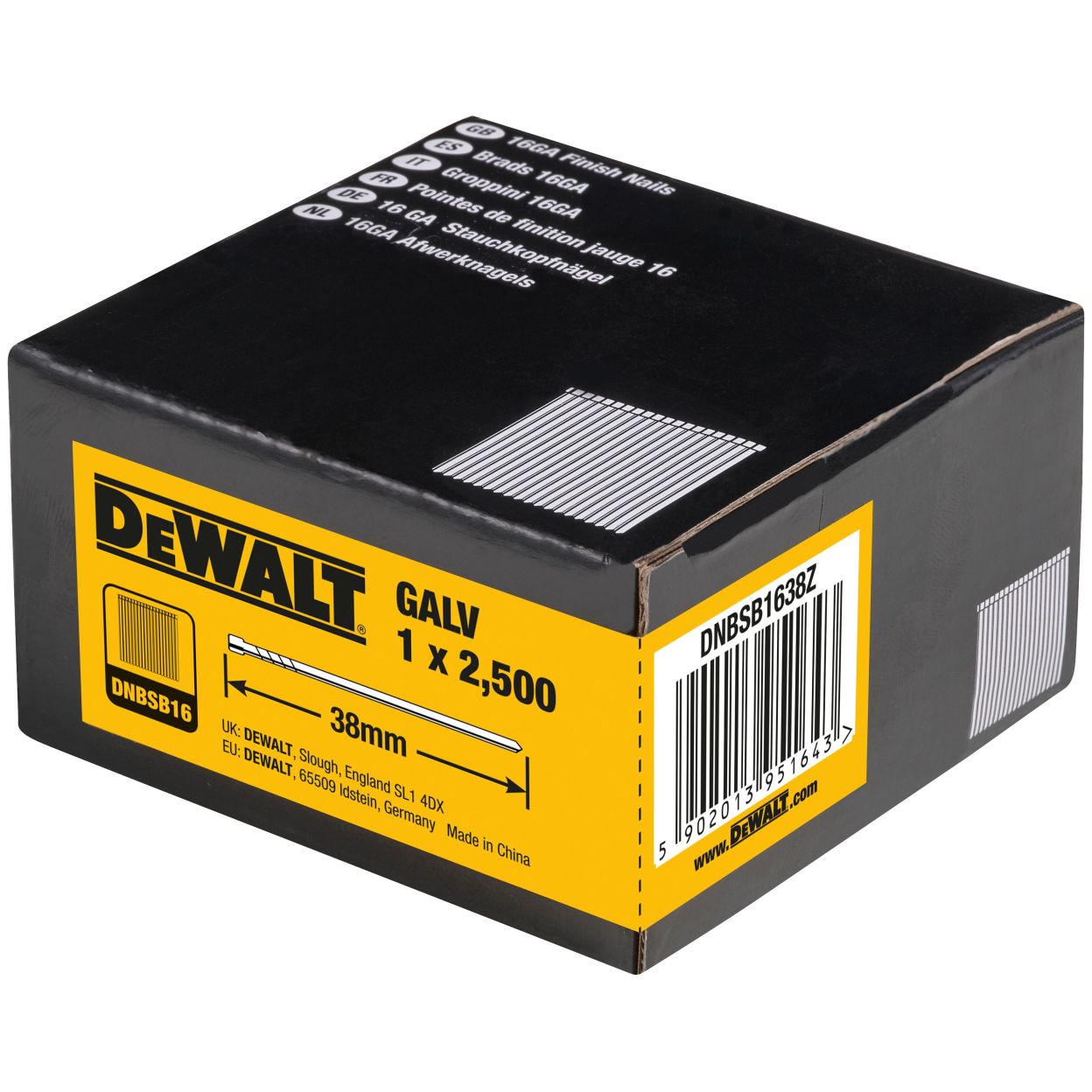Гвозди DEWALT DNBSB1638Z, для нейлера, оцинкованные, 16GA, 38x1.6 мм, 7500 шт. (DNBSB1638Z-3)