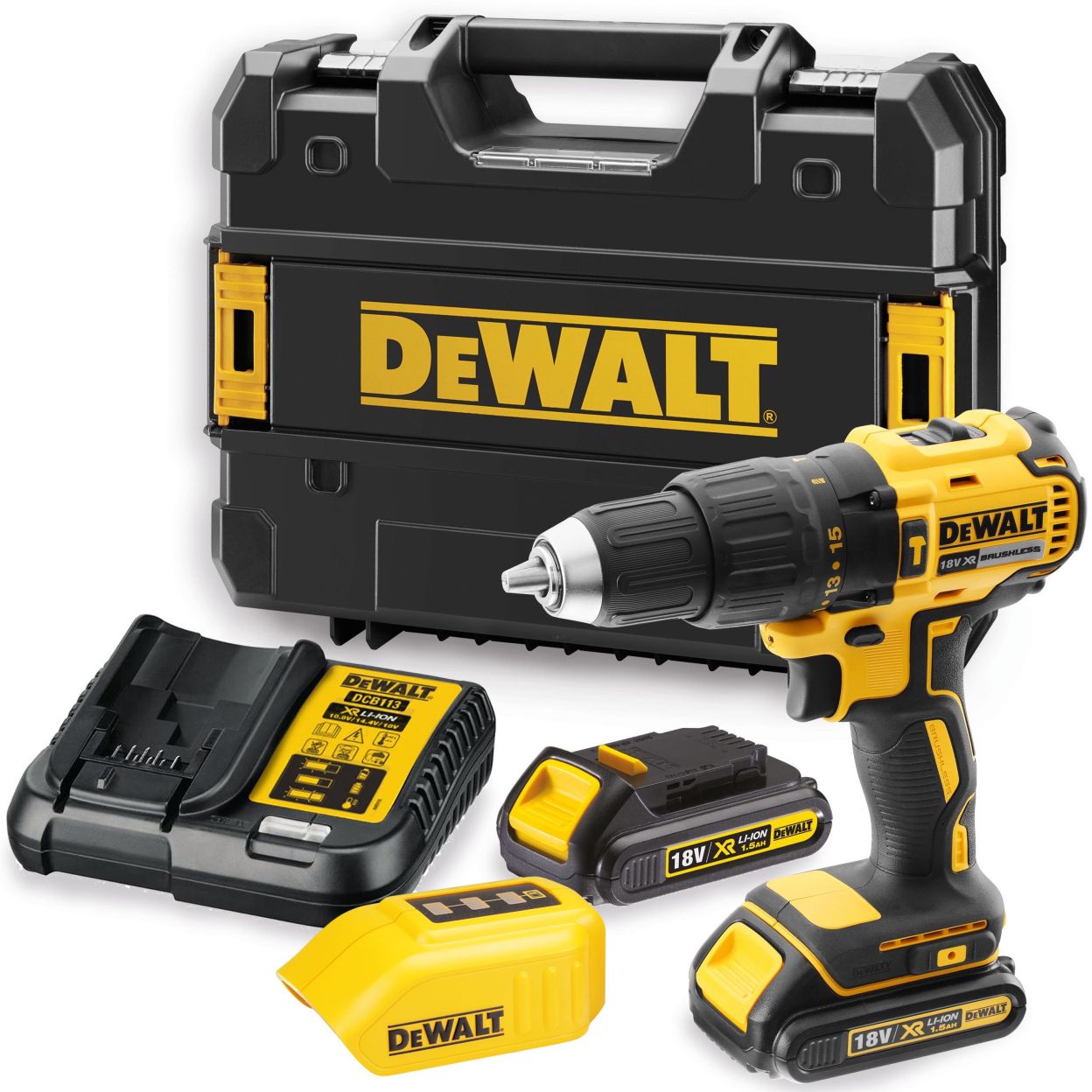 Аккумуляторная бесщеточная ударная дрель-шуруповерт DEWALT, 18 В, 1750 об/мин, 29750 уд/мин, c USB-адаптером, 2 АКБ 1.5 Ач и ЗУ, кейсе TSTAK, DCD778S2TC