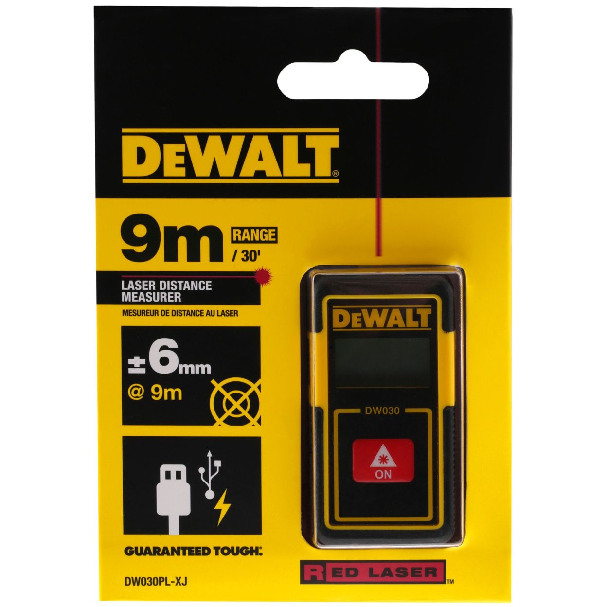 Аккумуляторный лазерный дальномер DEWALT DW030PL, 3.7 В, красный луч, 9 м, со встроенной АКБ (DW030PL-XJ)