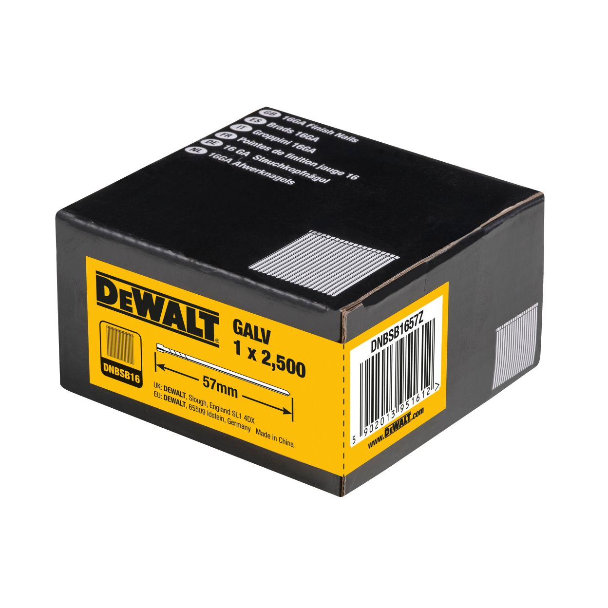 Гвозди DEWALT DNBSB1657Z, для нейлера, оцинкованные, 16GA, 57x1.6 мм, 2500 шт.