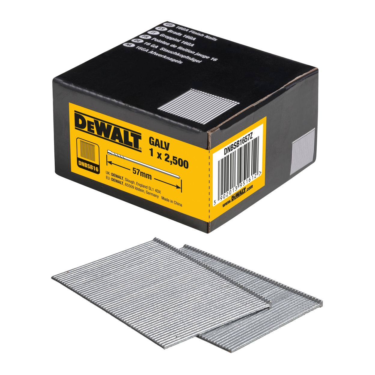 Гвозди DEWALT DNBSB1657Z, для нейлера, оцинкованные, 16GA, 57x1.6 мм, 2500 шт.