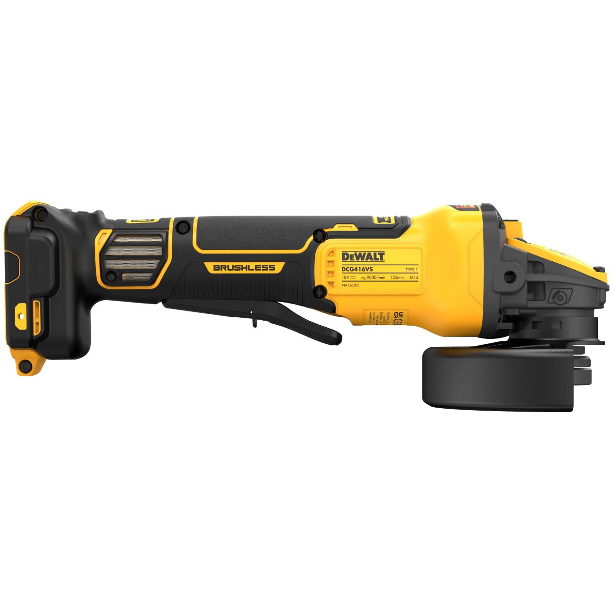 Аккумуляторная угловая шлифмашина DEWALT DCG416VSP1, 18 В, 125 мм, 9000 об/мин, с АКБ 5 Ач и ЗУ (DCG416VSP1N-XJ)